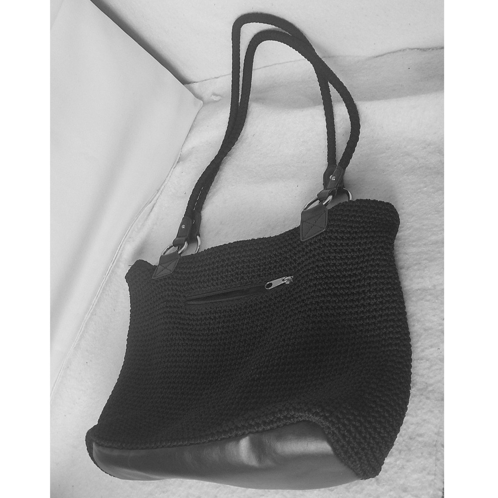 Crofts & Barrow Black Crochet Shoulder‎ Bag Faux Leather Trim Zip Top